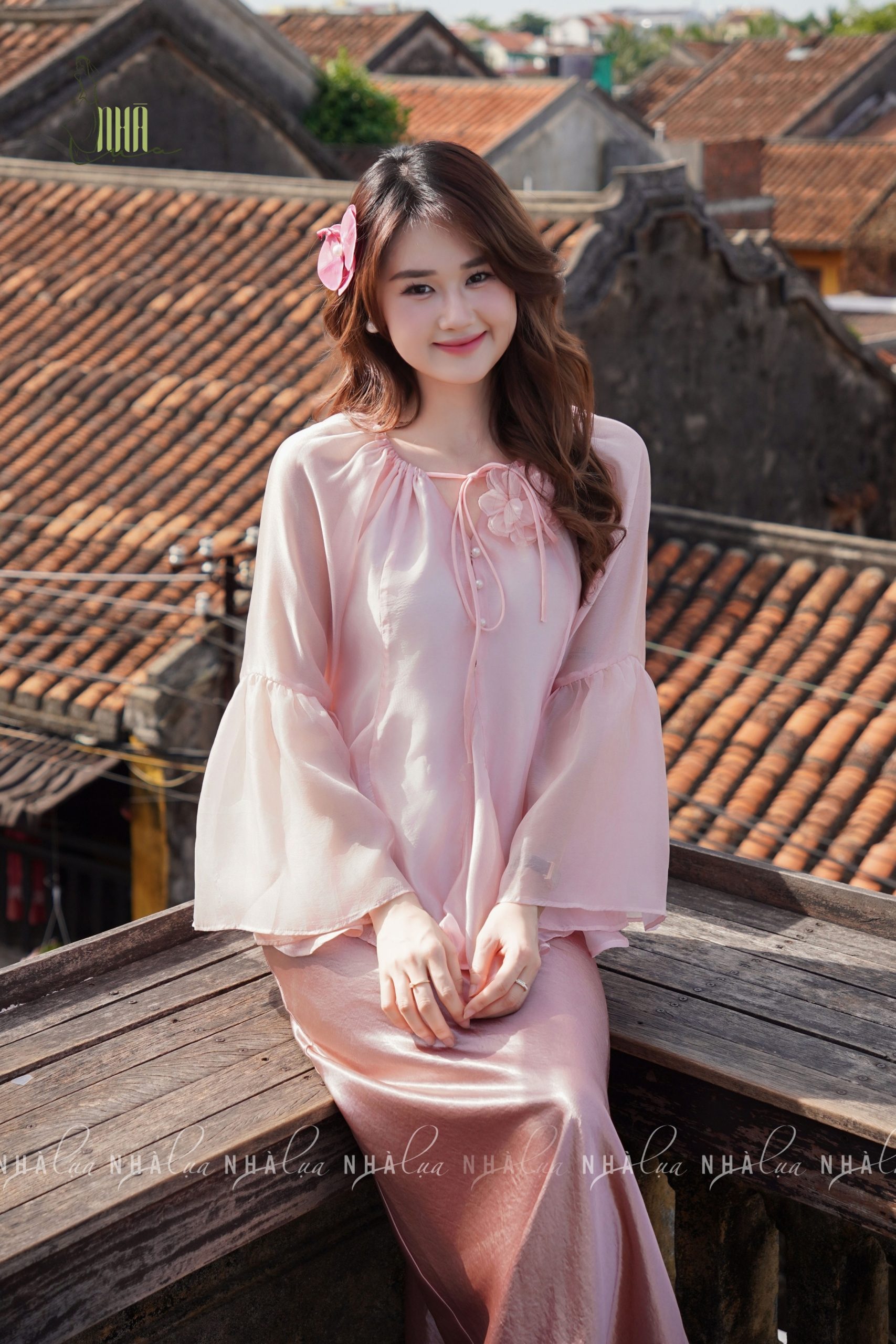 Áo Vân Khê chất tơ ngọc trai 2 lớp kết hoa Nhà Lụa