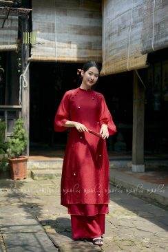 Set Áo Dài Tơ Gạo Đính Hoa Thủ Công Nhà Lụa