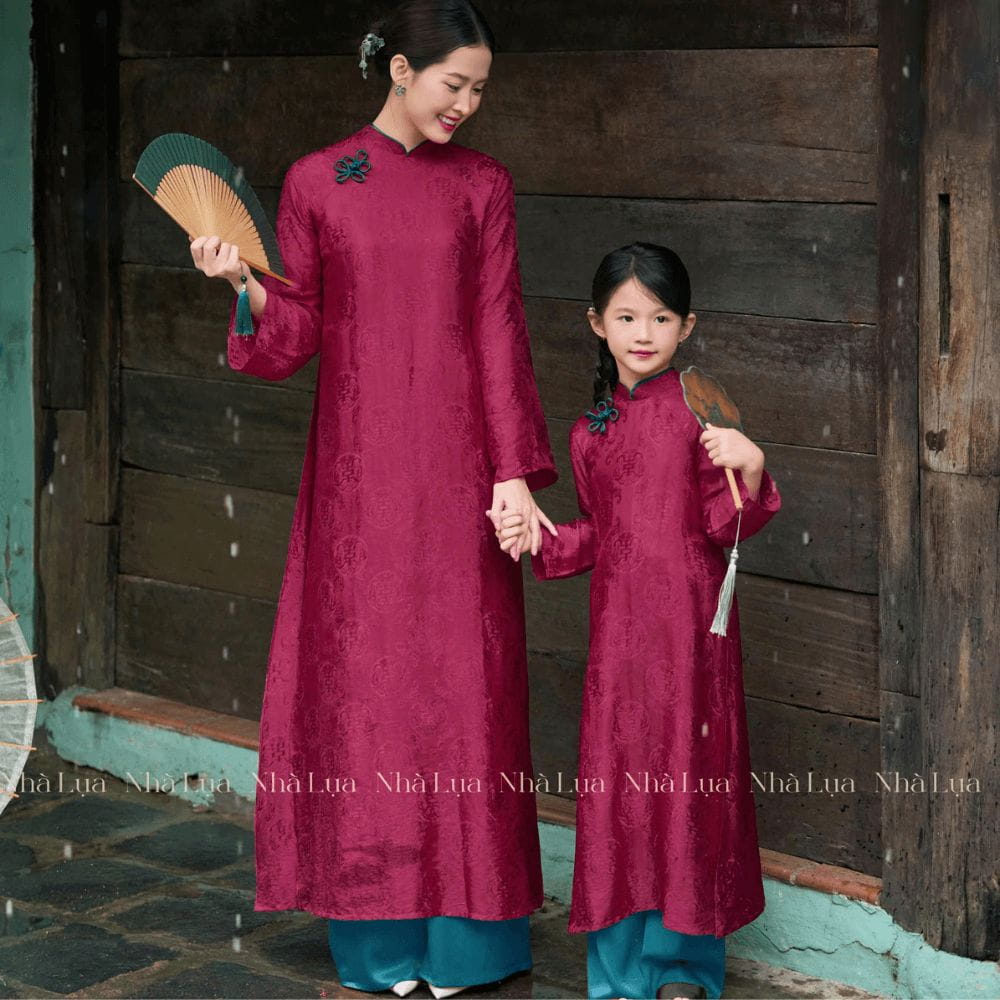 Áo Dài Diên Phúc Cho Bé Màu Tím Hồng Nhà Lụa