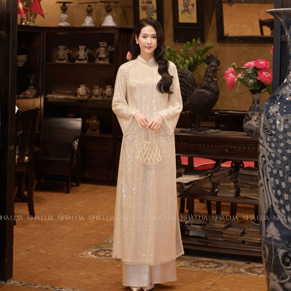 Áo Dài Kim Nhã Kim Sa Tinh Thể Óng Ánh Nhà Lụa