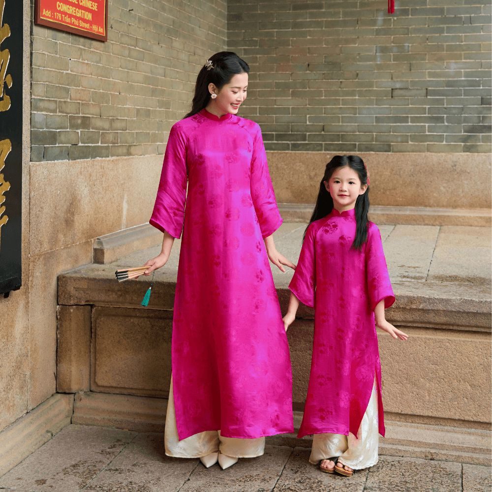 Áo Dài Cẩm Tú Cho Bé Lụa Tơ Tằm Màu Hồng Tím Nhà Lụa