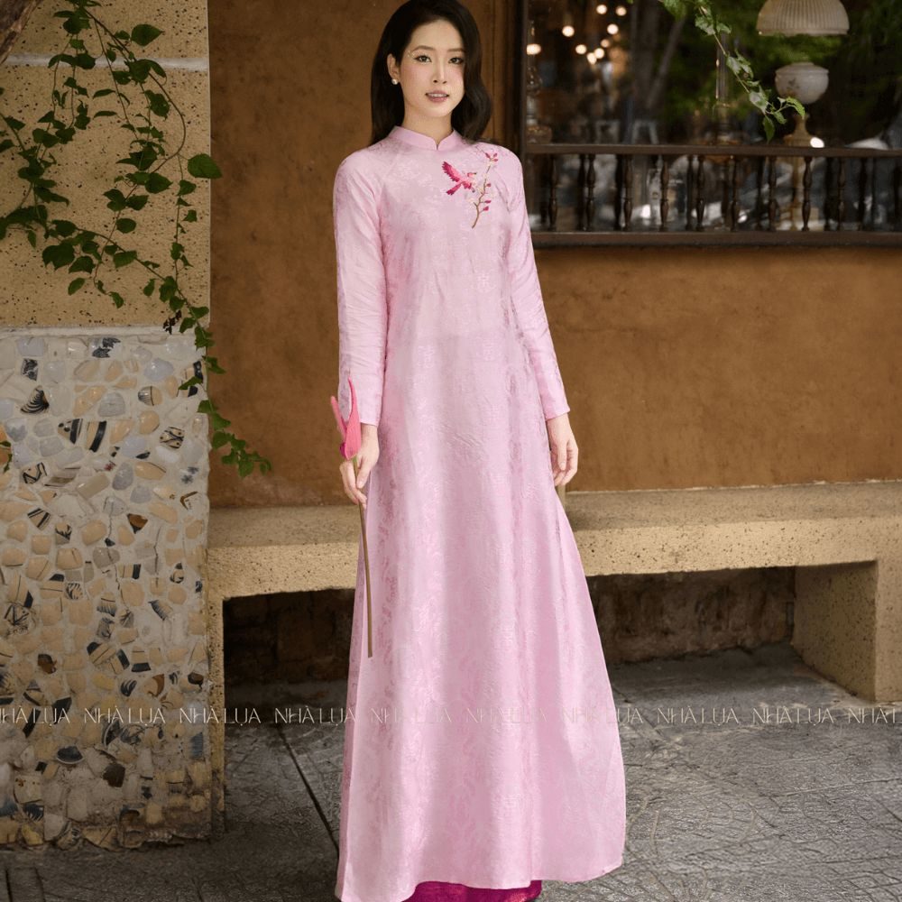 Áo Dài Hồng Liên Thêu Tay Màu Hồng Sen Nhà Lụa