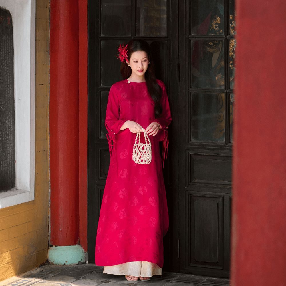 Áo Dài Ý Yên Màu Hồng Sen Đậm