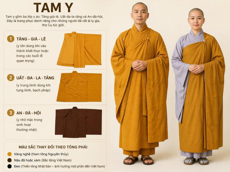 Áo hậu (áo dài tay rộng) màu vàng cho Tăng (tức tu sĩ nam) và màu lam cho Ni ( tức tu sĩ nữ), bên ngoài khoác các loại y (ngũ y, thất y, đại y)