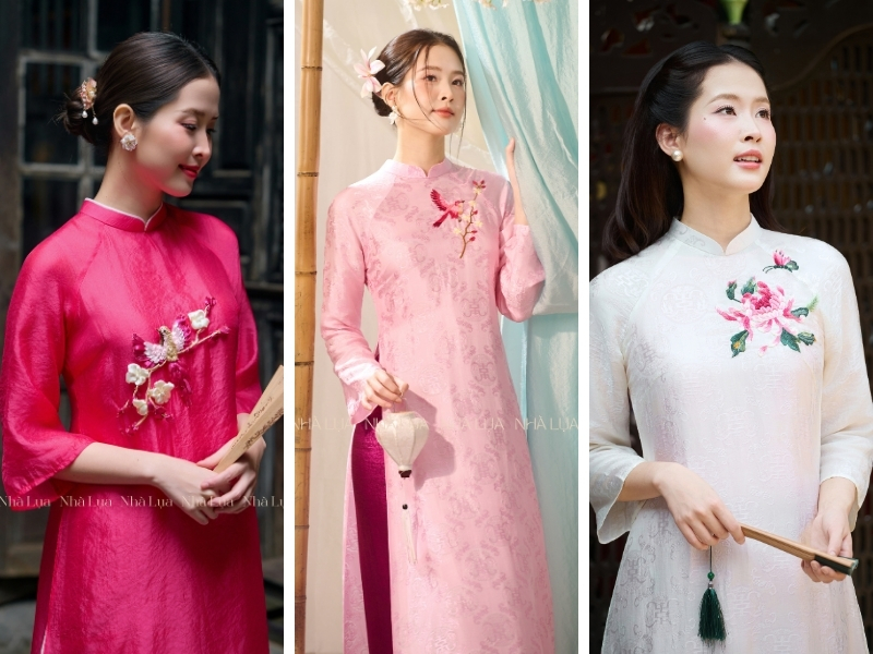 Các mẫu áo dài có họa tiết thêu tay thủ công của Nhà Lụa