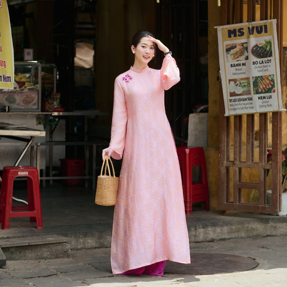 Áo Dài Lụa Tơ Tằm Hồng Yên - Áo Dài Cao Cấp Tôn Da Dệt Chìm Thọ Dơi