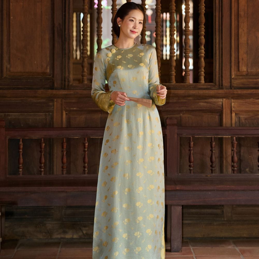 Áo Dài Lụa Tơ Tằm Trúc Thanh Xanh Thiên Xám - Áo Dài Cao Cấp Dệt Ánh Kim Ẩn Hiện