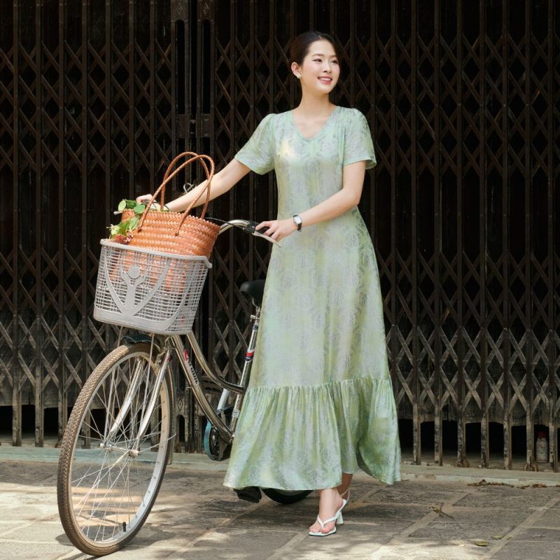 Váy Lụa Tơ Tằm Hồng Thanh Cổ Chữ V - Váy Lụa To Tằm Thon Gọn Thân Tôn Dáng