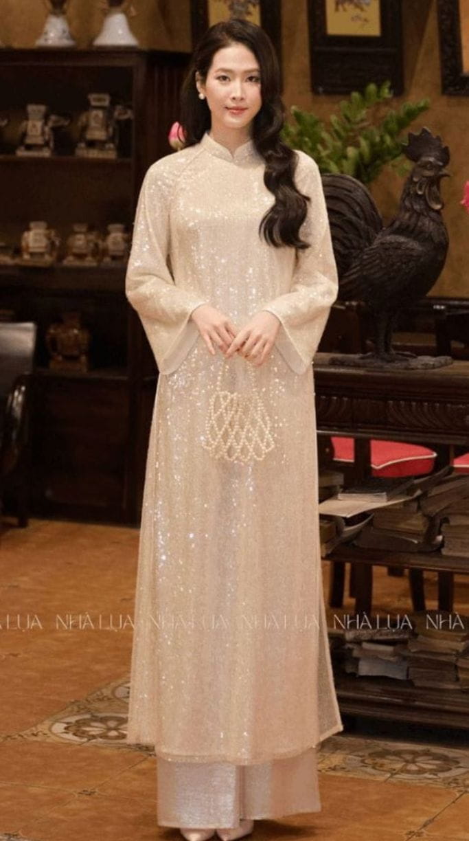 Áo Dài Kim Nhã Kim Sa Tinh Thể Óng Ánh Lụa Tơ Tằm Nha Xá Cao Cấp | Nhà Lụa