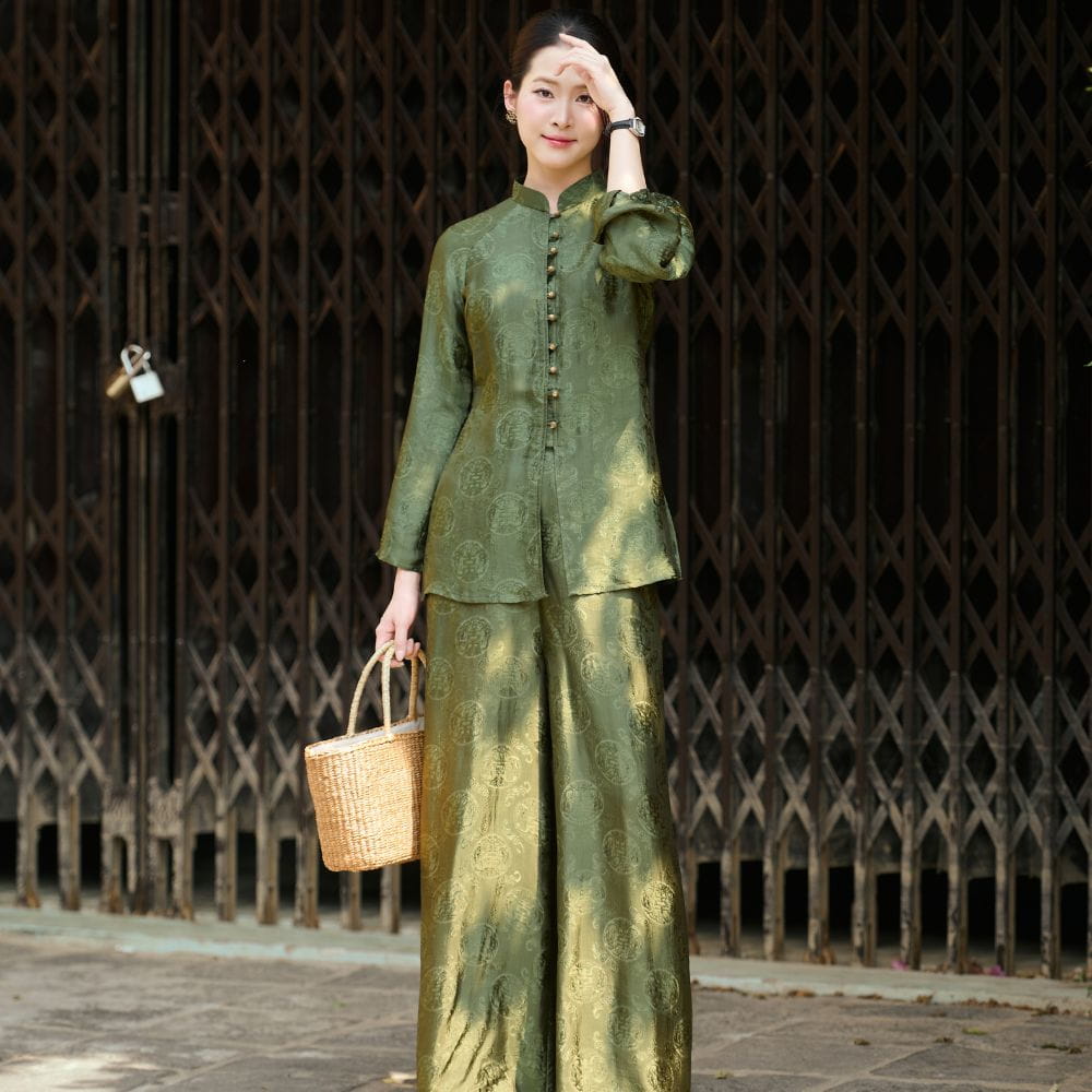 Pháp Phục Lụa Tơ Tằm Mộc Trầm Xanh Rêu - Đồ Lam Cao Cấp An Nhiên Dệt Chìm Thọ Dơi