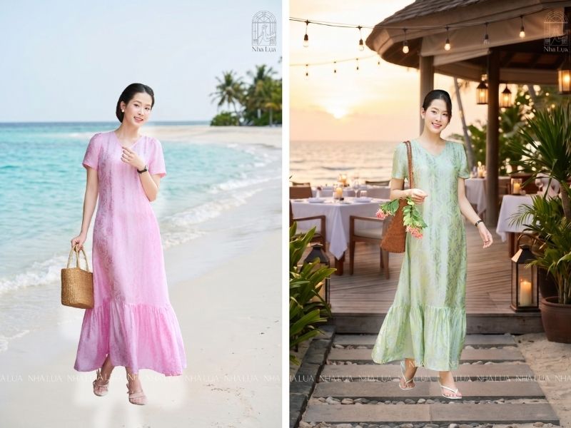 Mẫu Váy Lụa Hồng Thanh là 1 lựa chọn hợp lý khi đi du lịch nghỉ dưỡng, ăn tối tại Nhà hàng sang trọng đầy tinh tế và thoải mái