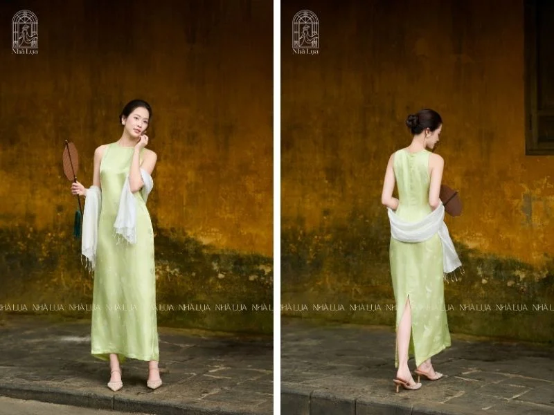Váy lụa tơ tằm Uyển Thanh màu xanh cốm lựa chọn phù hợp cho xu hướng màu thiên nhiên năm nay
