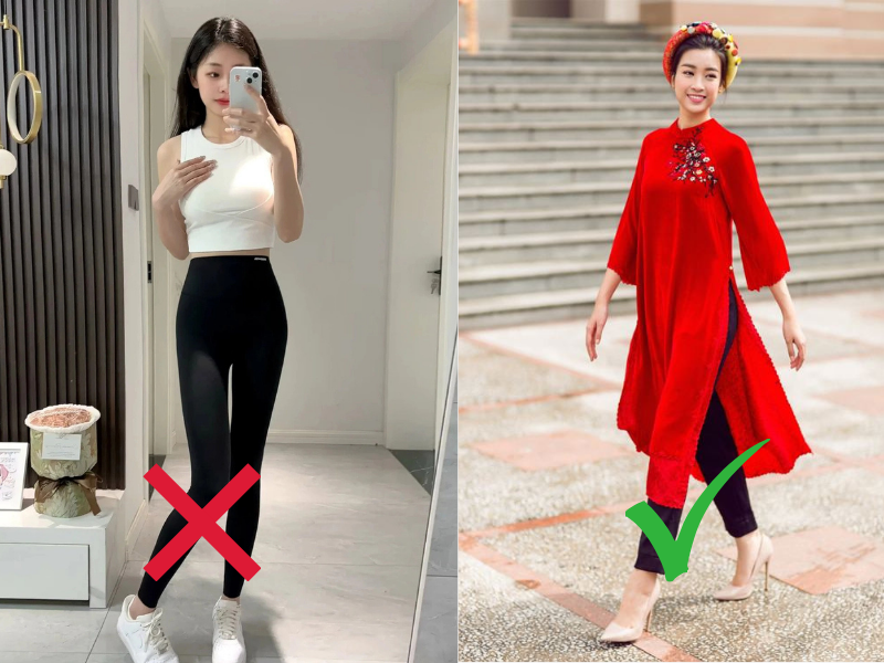 Không mặc legging riêng, hãy phối cùng áo dài phủ qua để lịch sự và trang nghiêm hơn.