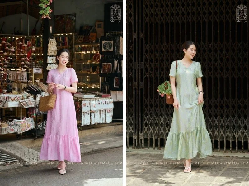 Top 2 váy lụa tơ tằm Nhà Lụa thanh lịch phù hợp môi trường ngân hàng, tài chính, Nhà nước nhờ thiết kế kín đáo
