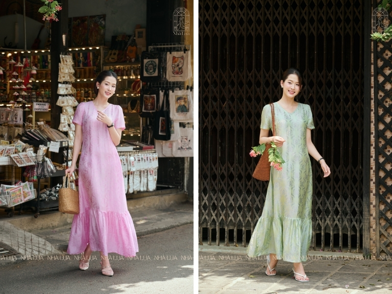 Thiết kế váy lụa tơ tằm cổ chữ V sẽ giúp che khuyết điểm phần vai kém thon hiệu quả