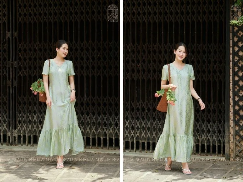 Váy lụa tơ tằm Hồng Thanh cao cấp mang phom dáng uyển chuyển và nữ tính