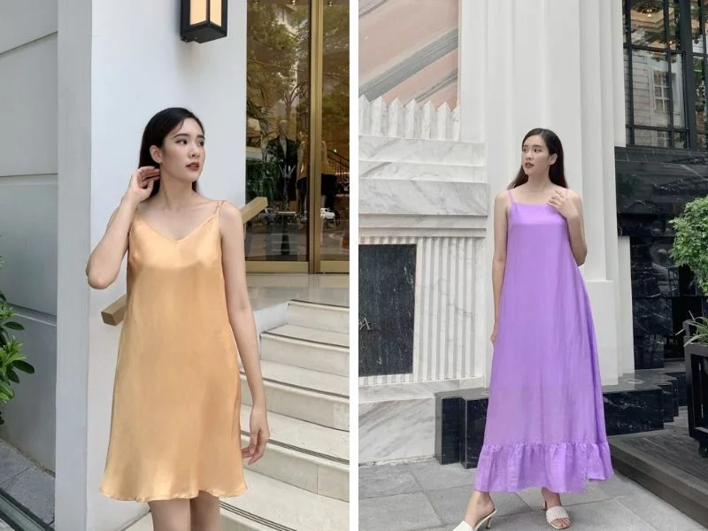 Gợi ý một số mẫu váy lụa tơ tằm hai dây dành cho mùa hè