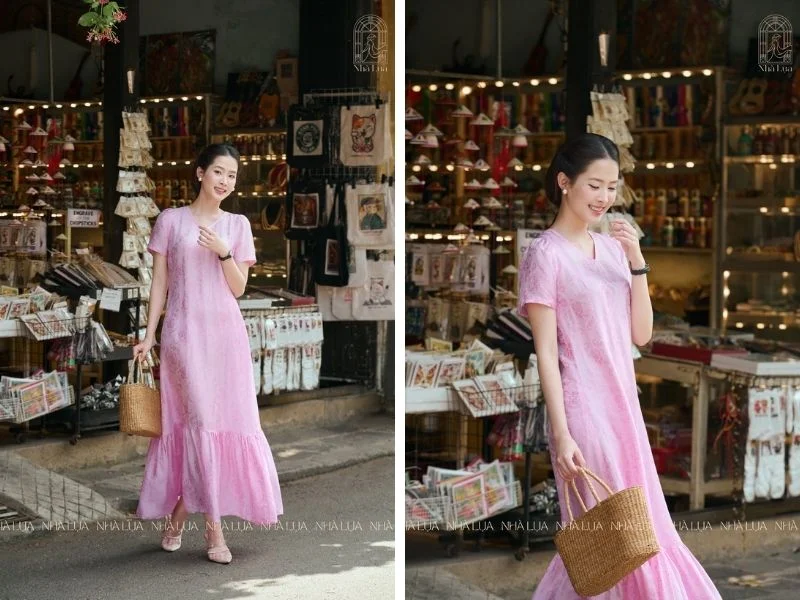 Váy lụa tơ tằm Hồng Thanh phom suông mềm mại phù hợp nghỉ dưỡng và mặc thường ngày