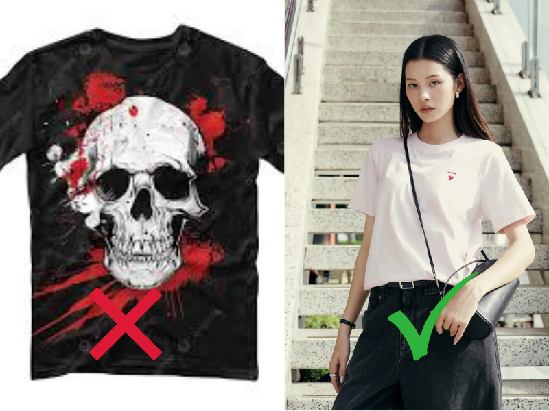 Nên chọn áo thun đơn giản tránh các hình in gây cảm giác không phù hợp. 