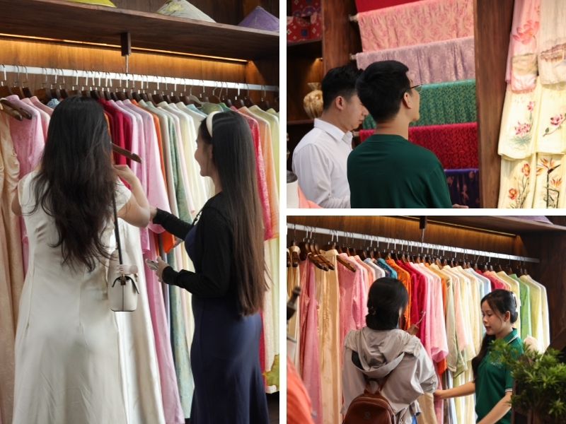 Các Vị Khách quý trải nghiệm trực tiếp các sản phẩm từ lụa tơ tằm cao cấp thủ công để hiểu rõ hơn về đặc tính chất liệu, họa tiết, kiểu dáng, và câu chuyện văn hóa được gửi gắm