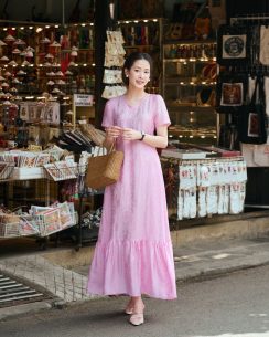 Váy Lụa Tơ Tằm Hồng Thanh Cổ Chữ V Màu Hồng - Váy Lụa Tơ Tằm Thon Gọn Thân Tôn Dáng - Hình ảnh 2