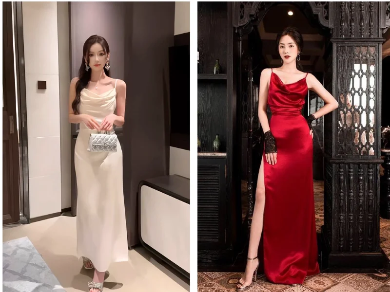 Váy lụa 2 dây cổ đổ phù hợp cùng 1 số trang sức kim loại.