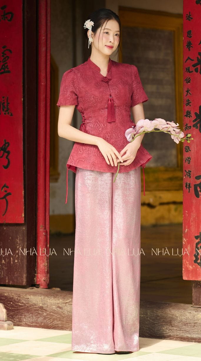 Set Bộ Lệ Quân Tơ Thêu Màu Đỏ Lụa Tơ Tằm Nha Xá Cao Cấp | Nhà Lụa