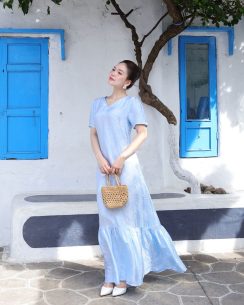 Váy lụa hồng thanh màu xanh dương