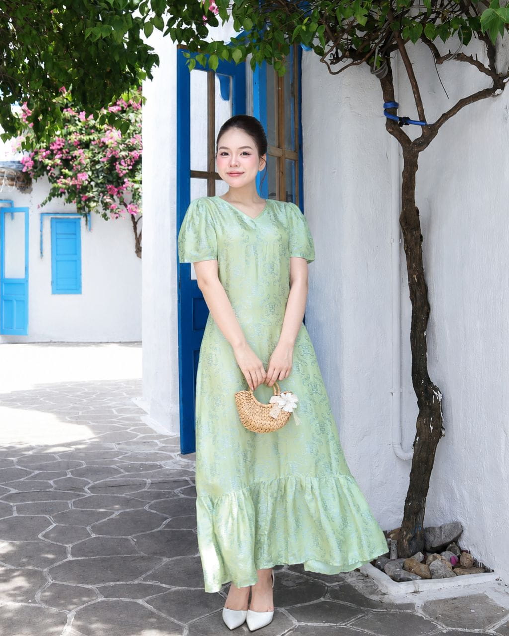 Váy lụa hồng thanh màu xanh lá