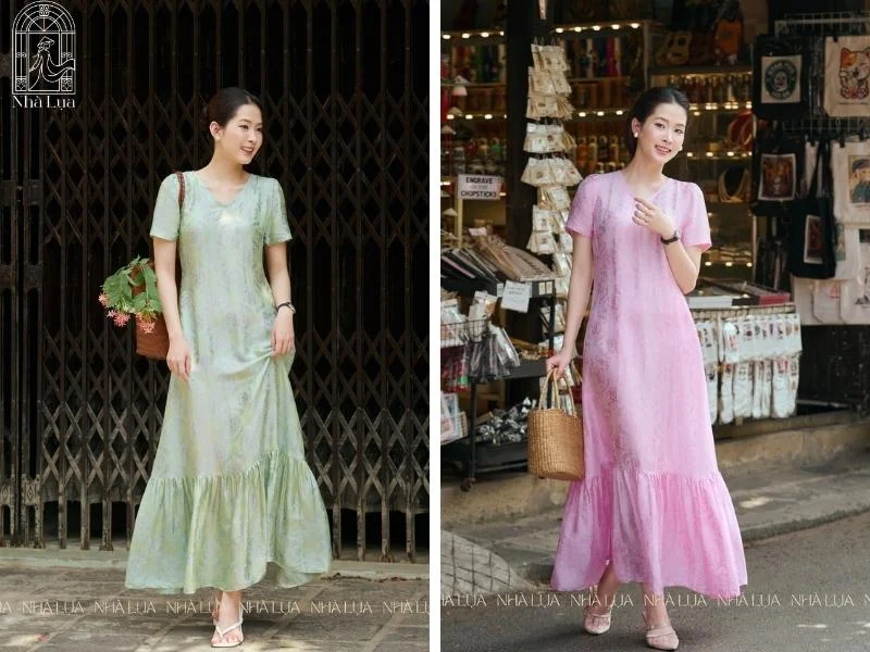 Đầm maxi lụa dài chạm mắt cá chân, bay bổng và thoáng mát, lý tưởng để dạo biển Mỹ Khê, ăn trưa ven biển hay thả bộ trên những con phố xanh mát của Đà Nẵng.
