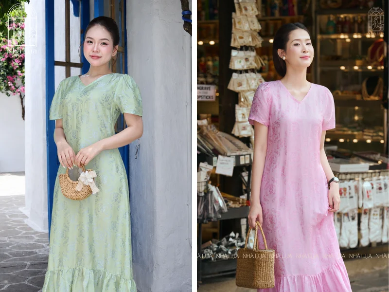 Váy Lụa Hồng Thanh dáng chữ A xòe nhẹ từ eo, che khuyết điểm vùng bụng tinh tế nhờ độ rủ uyển chuyển của lụa tơ tằm