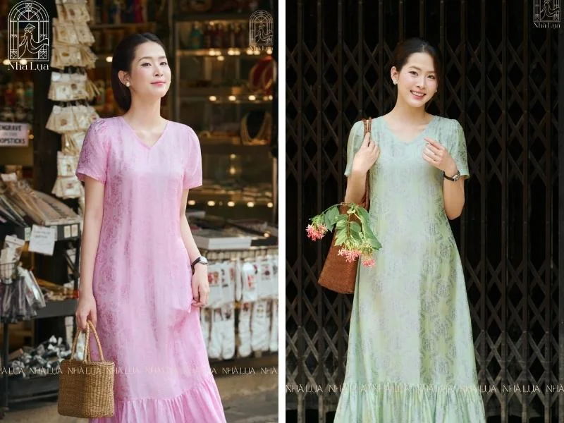 Váy lụa tơ tằm Nhà Lụa, đầm maxi hay midi dáng nhẹ thoáng mát, tông pastel hoặc màu rực rỡ, là lựa chọn hoàn hảo để thoải mái và nổi bật giữa biển trời Phú Quốc.