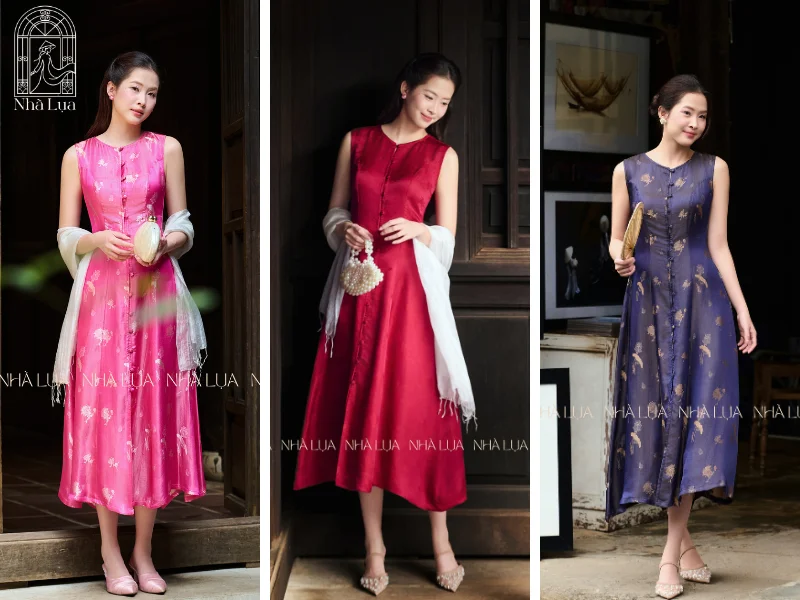 Đầm chiết eo cao buông rủ tự do từ dưới ngực, kết hợp lụa tơ tằm Nhà Lụa tạo nên vẻ bay bổng, che khuyết điểm vùng bụng tinh