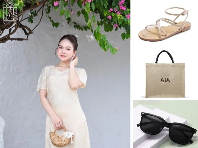 Váy Lụa Hồng Thanh cổ chữ V có tay, tông xanh cổ vịt hoặc be, kín đáo và thanh lịch, lý tưởng để dạo phố Dương Đông hay khám phá chợ đêm Phú Quốc.