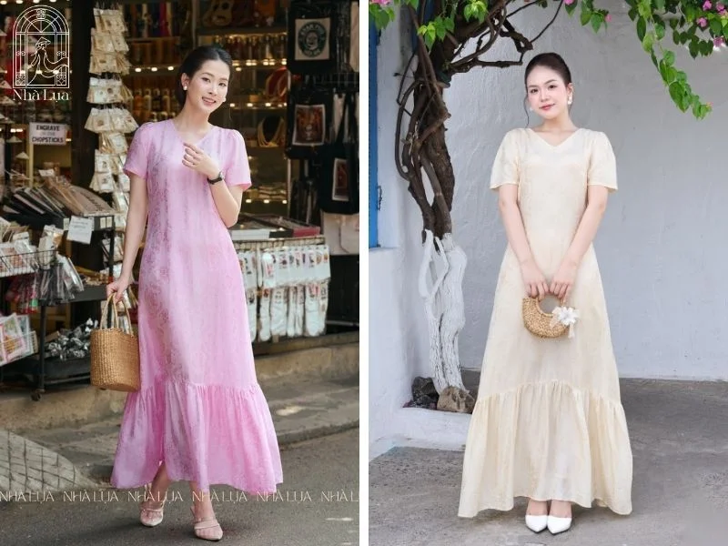 Váy maxi cổ chữ V dáng đắp chéo giúp thân trên thanh thoát hơn, dễ chỉnh vòng eo và mang lại vẻ mềm mại, sang trọng