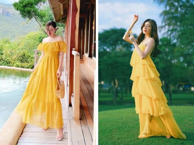 Váy maxi màu vàng giúp bạn nổi bật khi chụp ảnh ngoài trời và làm da rám nắng trông khỏe khoắn hơn