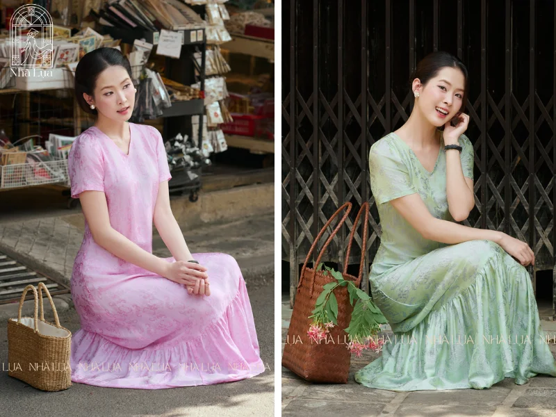 Váy Lụa Hồng Thanh cổ chữ V, có tay giúp thu hút thị giác lên phần trên cơ thể, tôn dáng thon gọn và che khuyết điểm vùng bụn