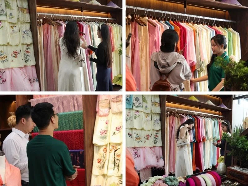 Đội ngũ tư vấn nhiệt tình của Nhà Lụa luôn sẵn sàng giải đáp mọi thắc mắc về màu sắc, chất liệu và cách chọn trang phục lụa phù hợp nhất với bạn