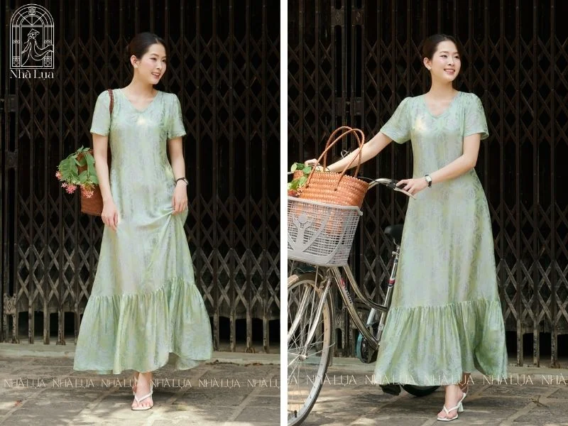 Váy maxi màu xanh lá tạo cảm giác tươi mát, gần gũi thiên nhiên và cuốn hút giữa không gian nghỉ dưỡng