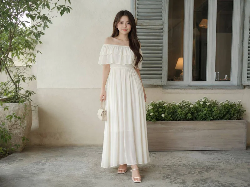 Đầm trễ vai tay bồng giúp khoe xương quai xanh quyến rũ, che bắp tay khéo léo và tạo vẻ nữ tính khi lên ảnh