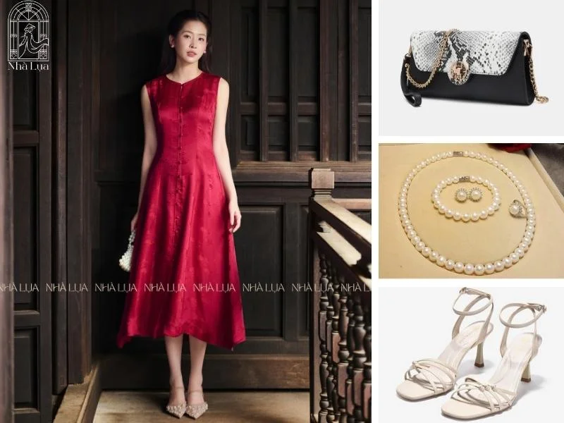 Váy Lụa Thư Ngọc dáng midi tông đỏ đô là lựa chọn hoàn hảo để tỏa sáng trong buổi tối tại nhà hàng hay quán bar sang trọng ở Phú Quốc.