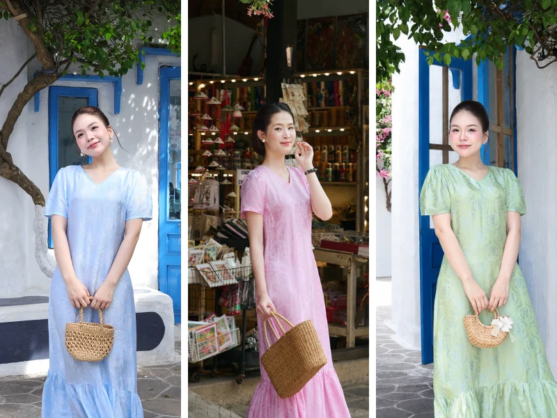 Đầm maxi lụa cao cấp có tay vẫn tạo cảm giác mát nhẹ, thoáng khí và êm ái trên da nhờ chất liệu tơ tằm tự nhiên