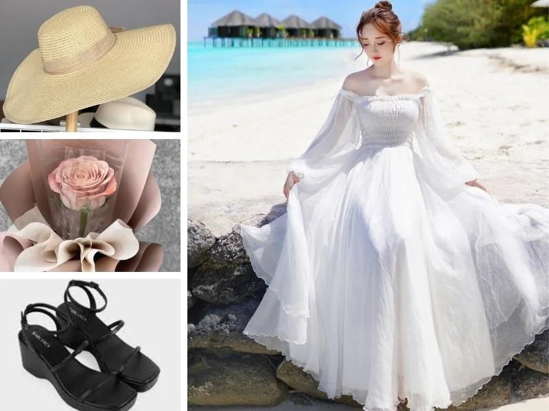 Đầm maxi lụa hai dây hoặc trễ vai, tông trắng tinh hoặc xanh ngọc, bay bổng tự nhiên dưới gió biển, lý tưởng để có những bức ảnh mềm mại, lung linh tại Phú Quốc.