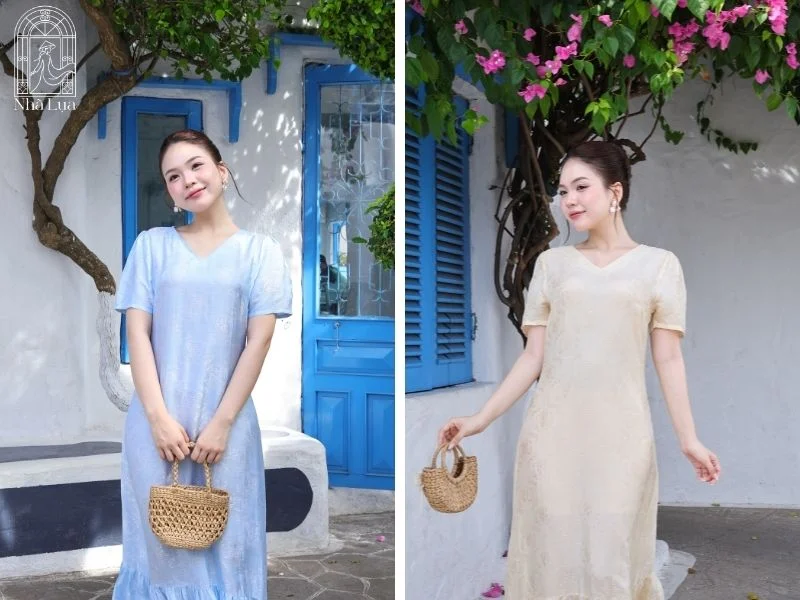 Chất liệu lụa tơ tằm giúp màu váy maxi lên sâu, mềm và sang hơn, đồng thời mang lại cảm giác thoáng mát, dễ chịu khi mặc trong ngày hè.
