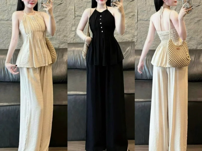 Set đồ rời với quần ống suông cạp cao và áo cổ yếm giúp che hông đùi khéo léo, tạo dáng cao ráo và mang lại vẻ năng động, khí