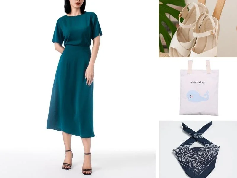 Váy lụa midi tay lỡ, tông xanh dương hay be nhạt, thoải mái và trang nhã, lý tưởng để dạo bờ biển, ghé cà phê hay tham quan Dinh Cậu.