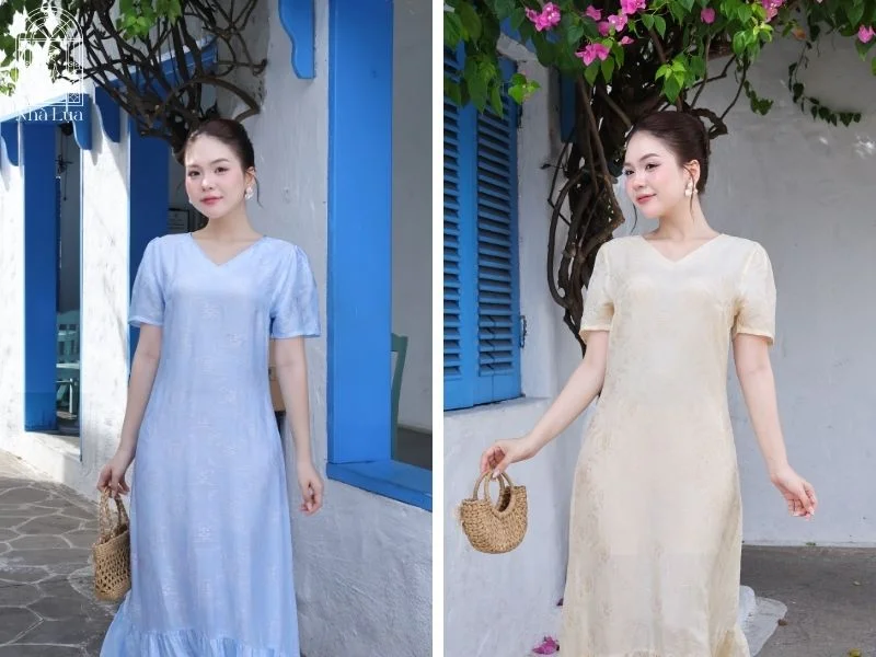 Vẻ đẹp mĩ miều của váy Hồng Thanh tại Nhà Lụa đến từ chất lụa mềm rủ, thoáng mát và phom dáng thướt tha trong từng chuyển độn