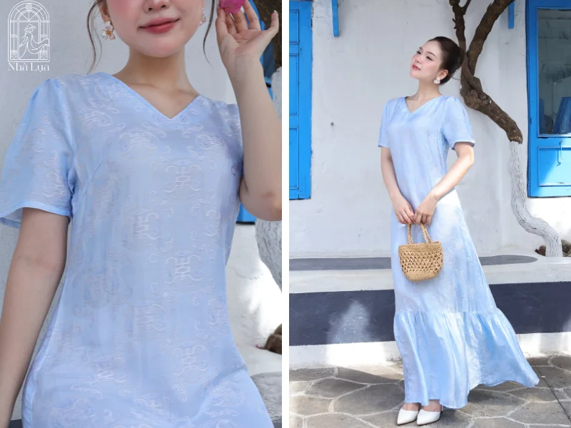 Váy lụa Hồng Thanh dáng dài có tay cùng khăn lụa mỏng mang lại sự ấm áp nhẹ nhàng, đủ thoải mái để khám phá Bà Nà Hills trong tiết trời mát mẻ se lạnh.