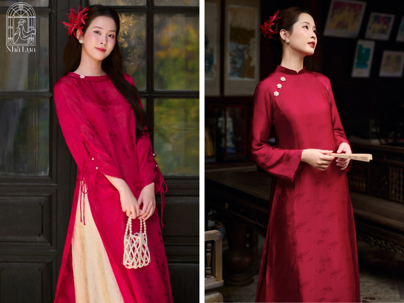 Áo dài đỏ Nhà Lụa từ lụa tơ tằm Nha Xá, mềm mại, thoáng mát, may đo tỉ mỉ theo từng đợt. Đa dạng dòng sản phẩm phù hợp từ công sở đến áo dài cưới, tiệc trang trọng.