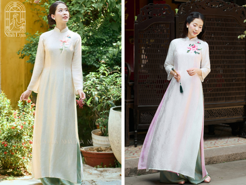 Áo dài thêu hoa với họa tiết hoa sen, mẫu đơn được thêu tỉ mỉ quanh cổ, dọc tà và tay áo, tạo diện mạo đài các, sang trọng, lý tưởng cho tiệc cưới hay sự kiện lớn
